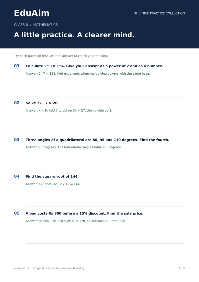 Preview of our free Class 8 maths worksheet with answers