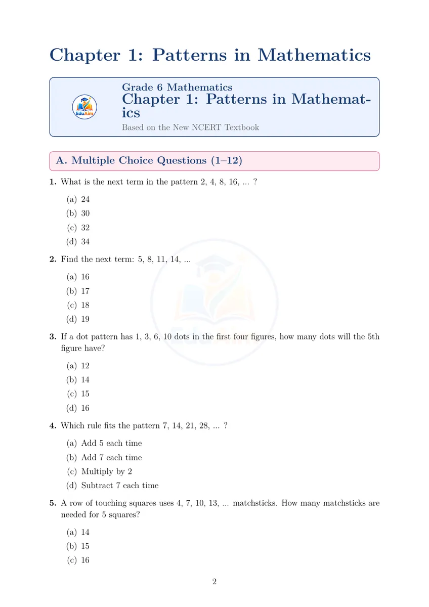Class 6 Maths Patterns in Mathematics questions preview