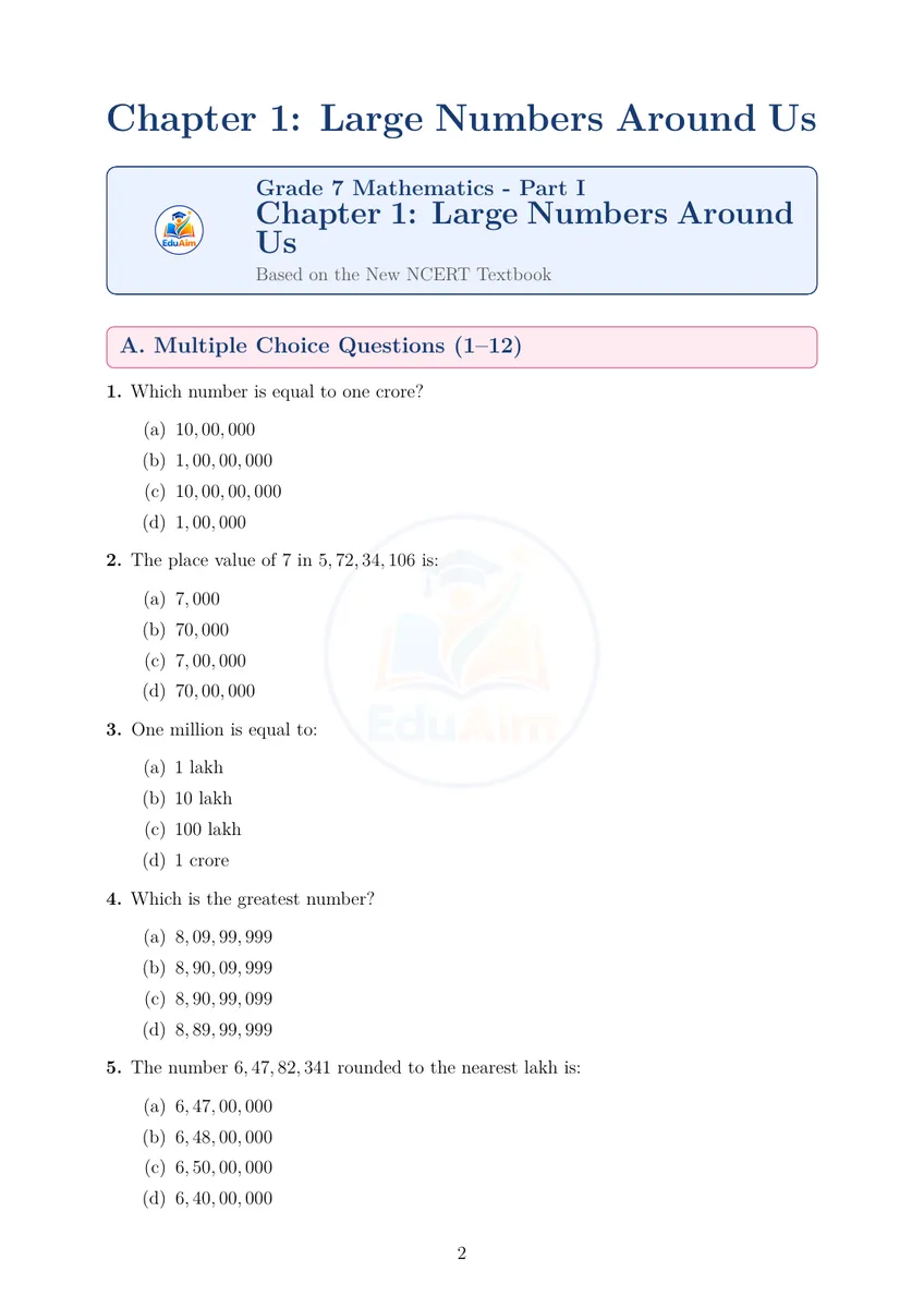 Class 7 Maths Large Numbers Around Us questions preview